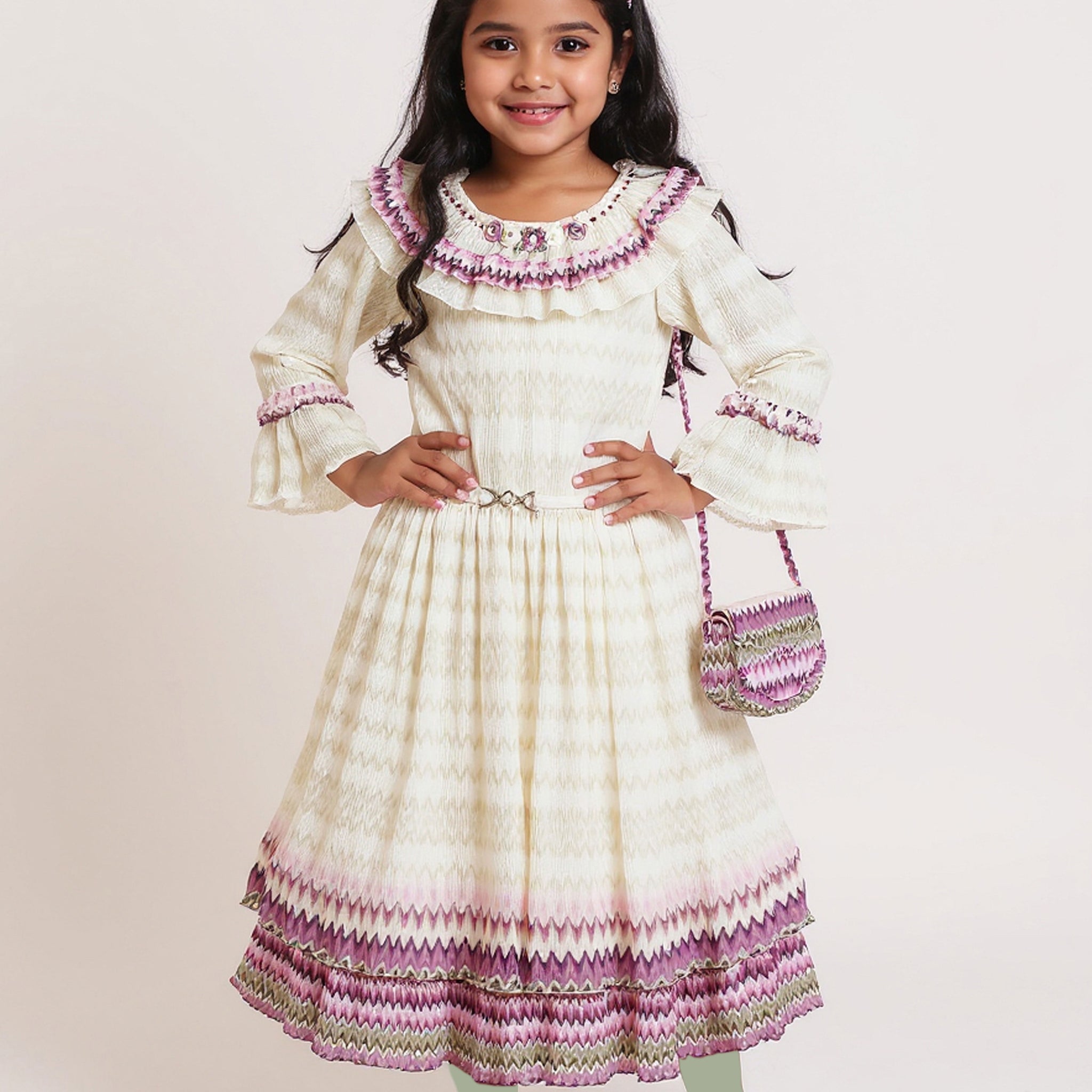 Girls' Tiered Ruffle Western Wear Dress with Embroidered Yoke & Bell Sleeves  - Cream
