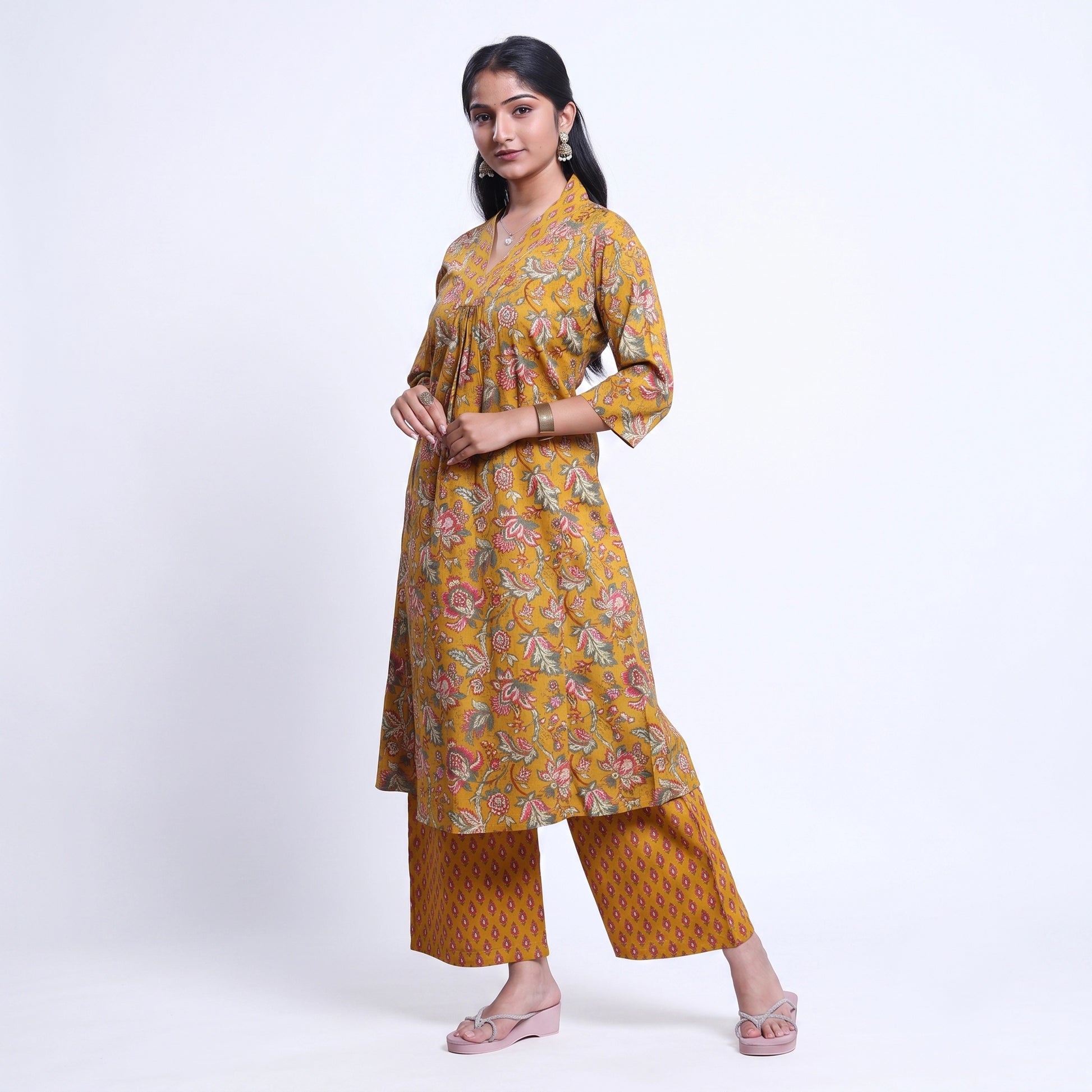 Elegant Women’s Floral Printed Kurta Set with V-Neck Kurta and Coordinated Wide Leg Pants, Yellow