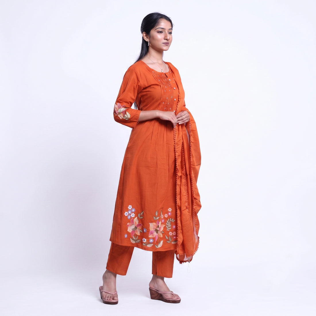 Women’s Readymade Embroidered Salwar Set with Dupatta Elegant Straight Fit Ethnic Wear with Floral Hem Detailing and 3/4th Sleeves - Pink