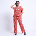 Women’s Printed Nightwear Set Short Sleeve Round Neck Top with Full Length Pajama Pants, Orange