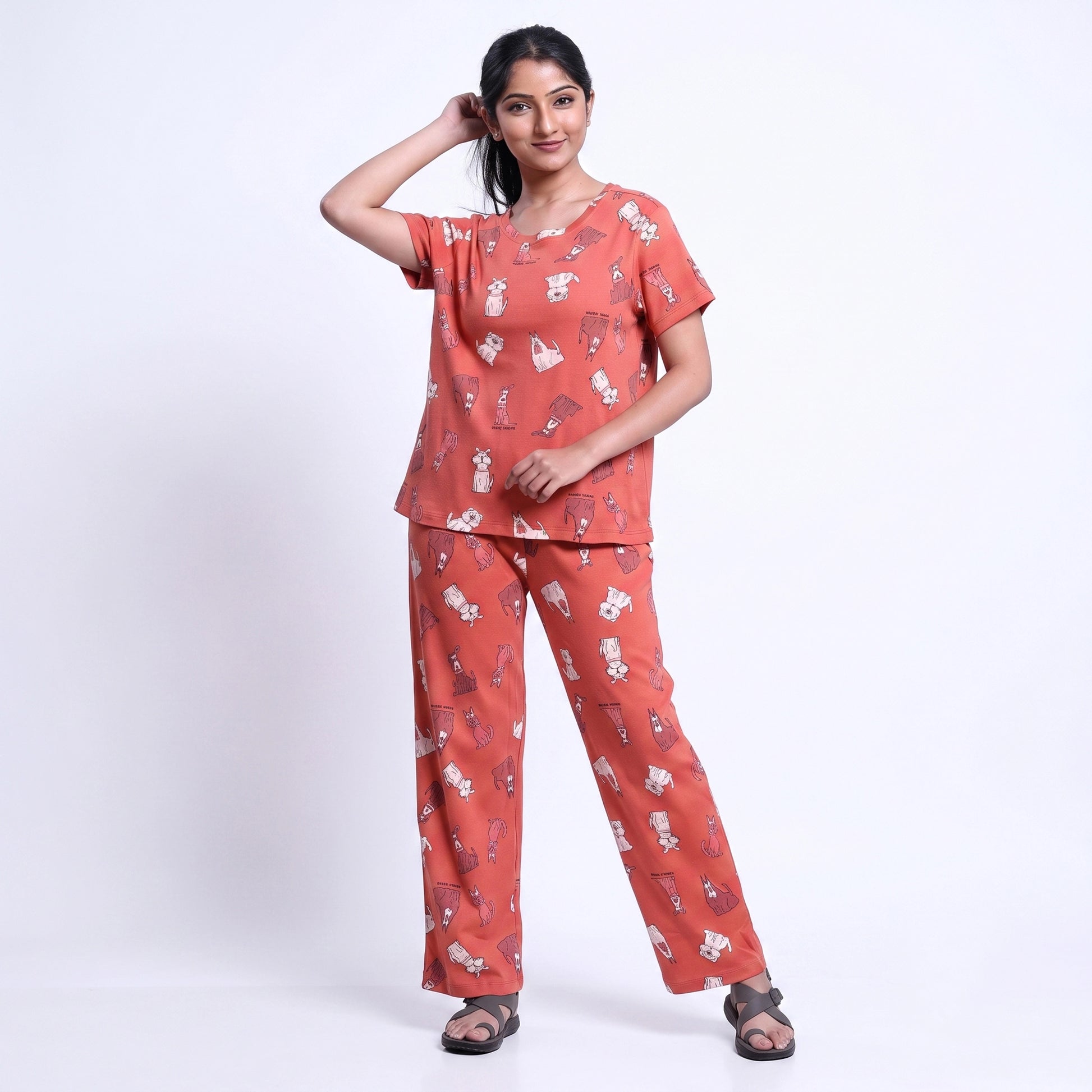 Women’s Printed Nightwear Set Short Sleeve Round Neck Top with Full Length Pajama Pants, Orange
