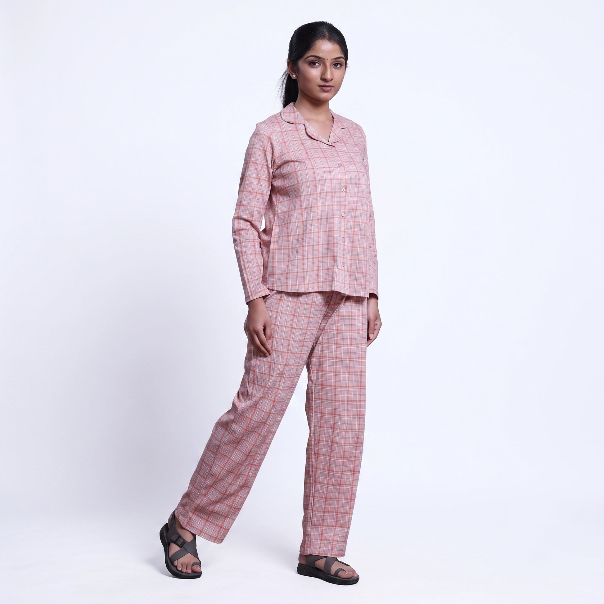 Women’s Cotton Striped Nightwear Set Short Sleeve Round Neck Top with Full Length Pajama Pants, Peach