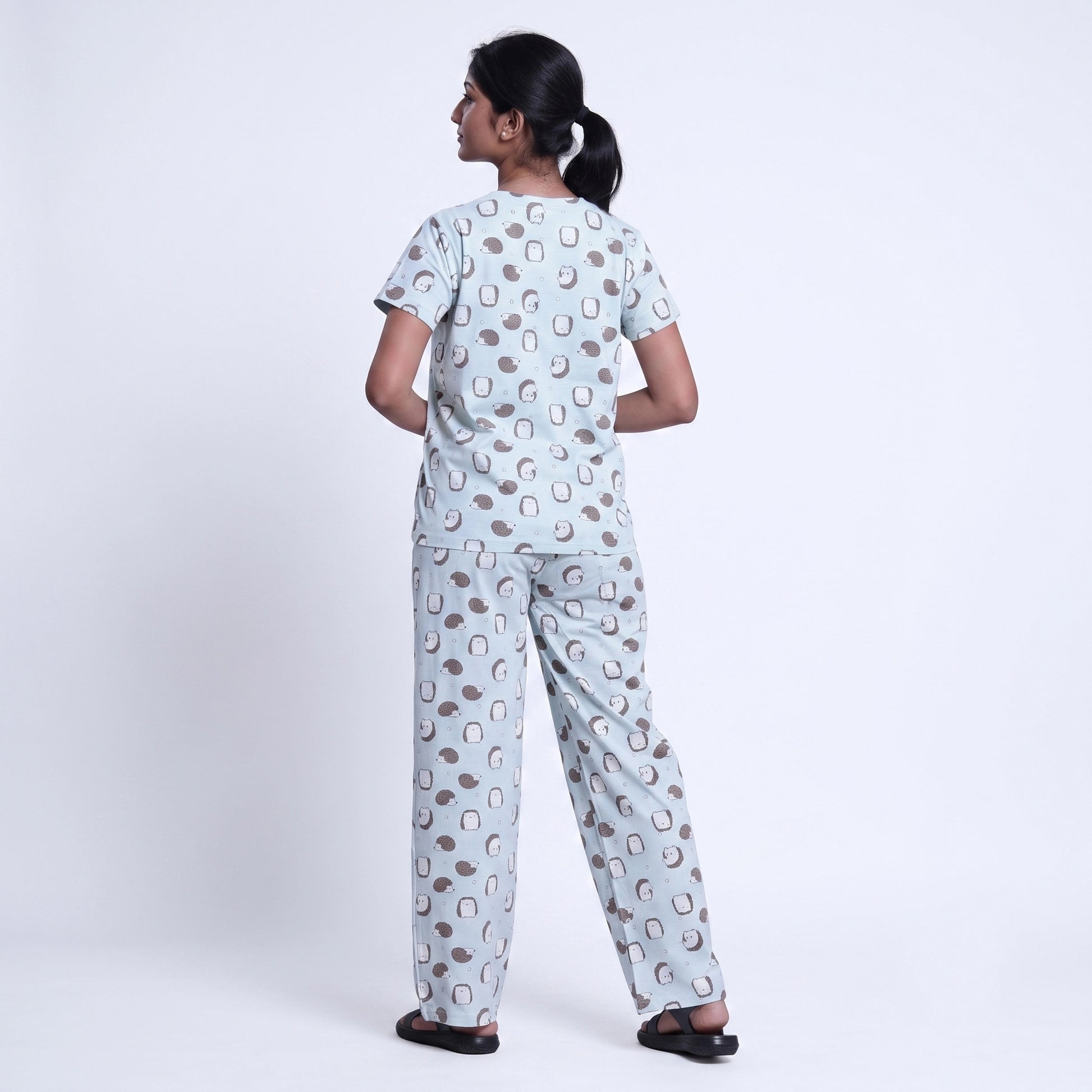 Women’s Printed Nightwear Set Short Sleeve Round Neck Top with Full Length Pajama Pants, Aqua Blue