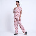 Women’s Printed Nightwear Set Short Sleeve Round Neck Top with Full Length Pajama Pants, Peach