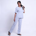 Women’s Cotton Striped Nightwear Set Short Sleeve Round Neck Top with Full Length Pajama Pants, Blue