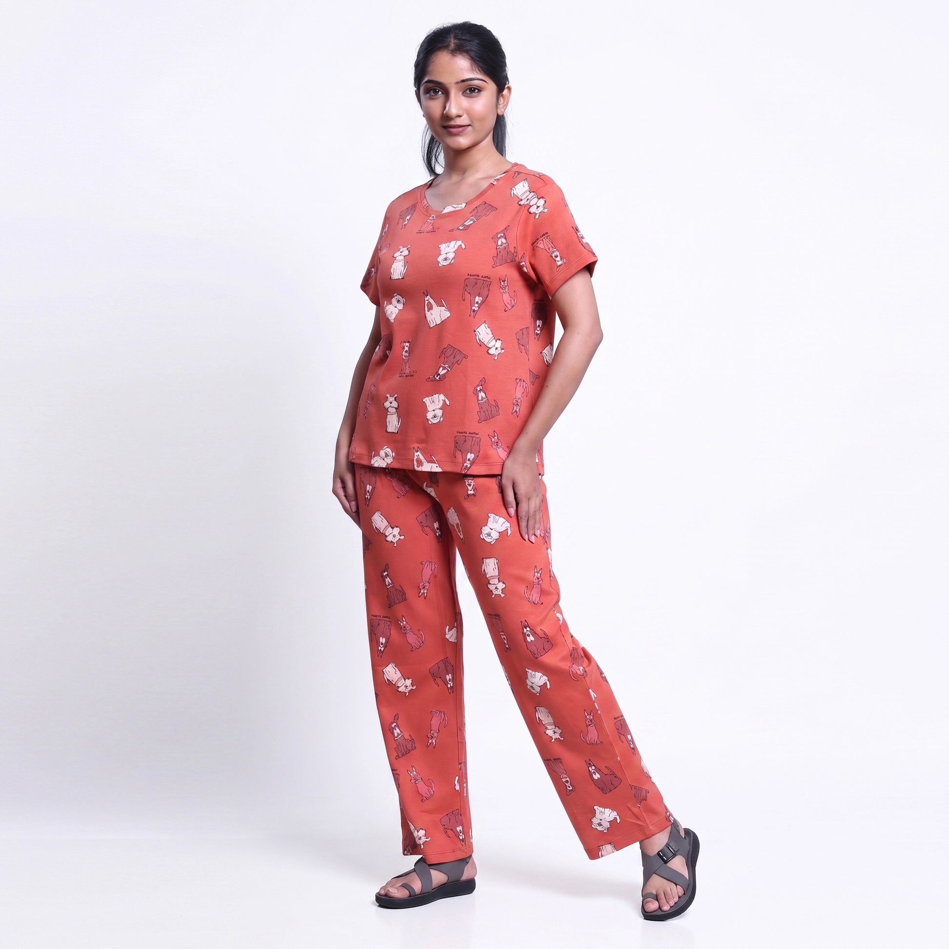 Women’s Printed Nightwear Set Short Sleeve Round Neck Top with Full Length Pajama Pants, Orange