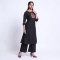 Women’s Elegant Straight Kurta Set with Intricate Embroidered Yoke 3/4th Sleeves and Comfortable Coordinated Pants, Black