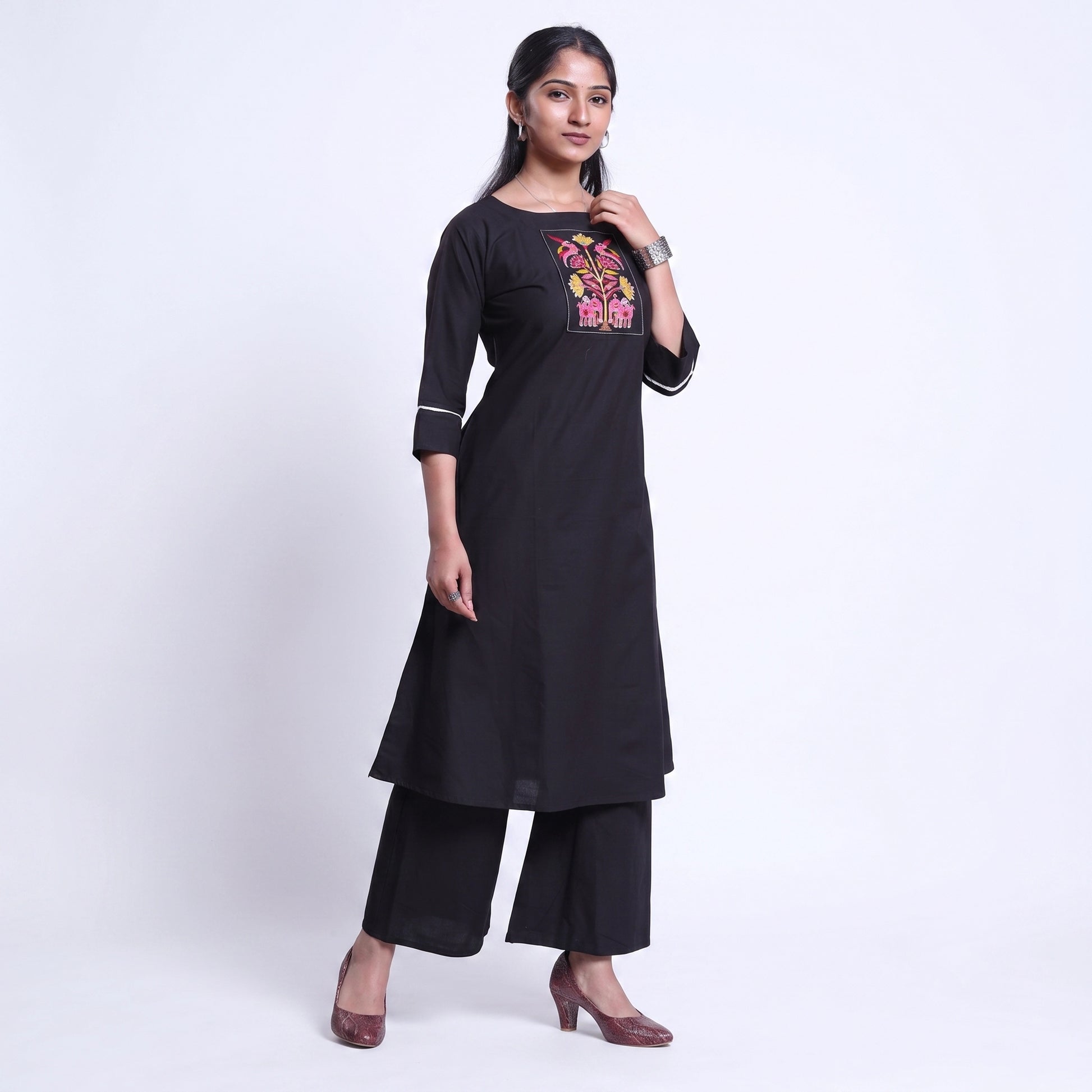 Women’s Elegant Straight Kurta Set with Intricate Embroidered Yoke 3/4th Sleeves and Comfortable Coordinated Pants, Black