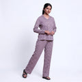 Women’s Cotton Striped Nightwear Set Short Sleeve Round Neck Top with Full Length Pajama Pants, Purple