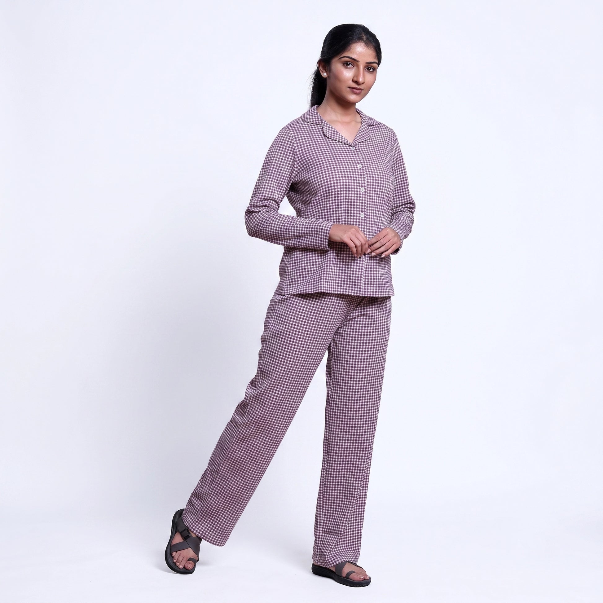 Women’s Cotton Striped Nightwear Set Short Sleeve Round Neck Top with Full Length Pajama Pants, Purple