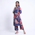 Elegant Women’s Floral Printed Kurta Set with V-Neck Kurta and Coordinated Wide Leg Pants, Dark Blue
