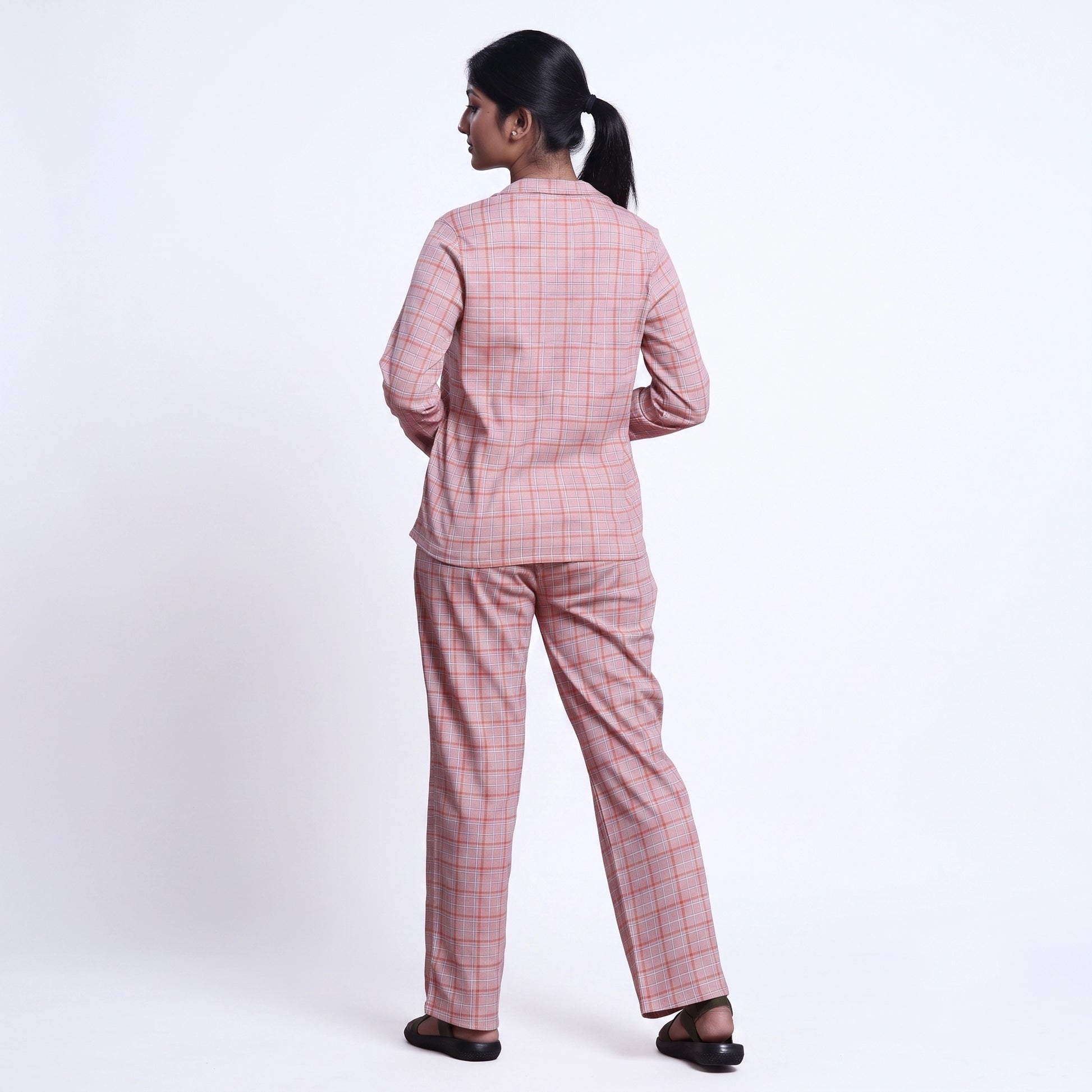Women’s Cotton Striped Nightwear Set Short Sleeve Round Neck Top with Full Length Pajama Pants, Peach
