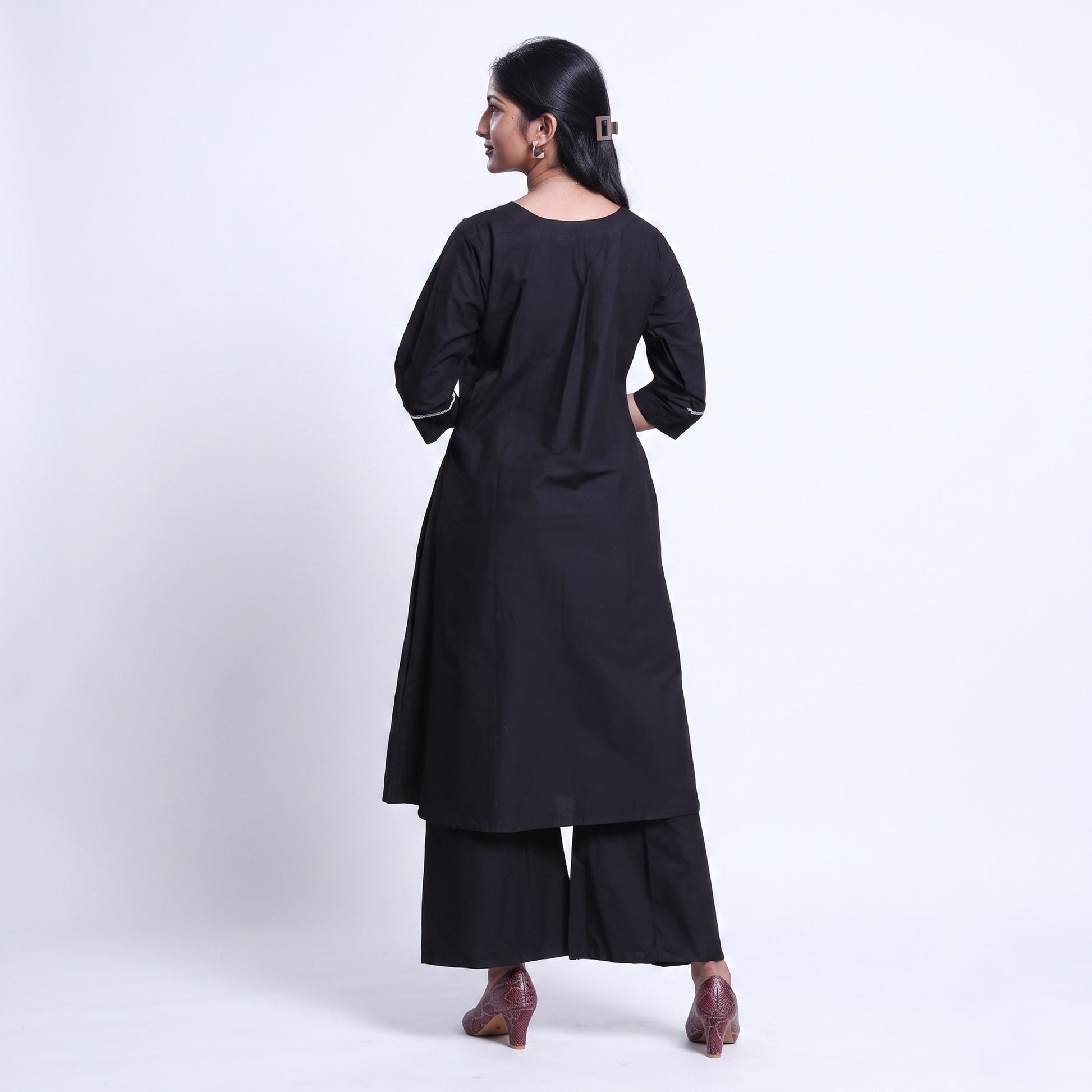 Women’s Elegant Straight Kurta Set with Intricate Embroidered Yoke 3/4th Sleeves and Comfortable Coordinated Pants, Black