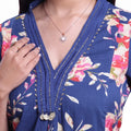 Elegant Women’s Floral Printed Kurta Set with V-Neck Kurta and Coordinated Wide Leg Pants, Dark Blue