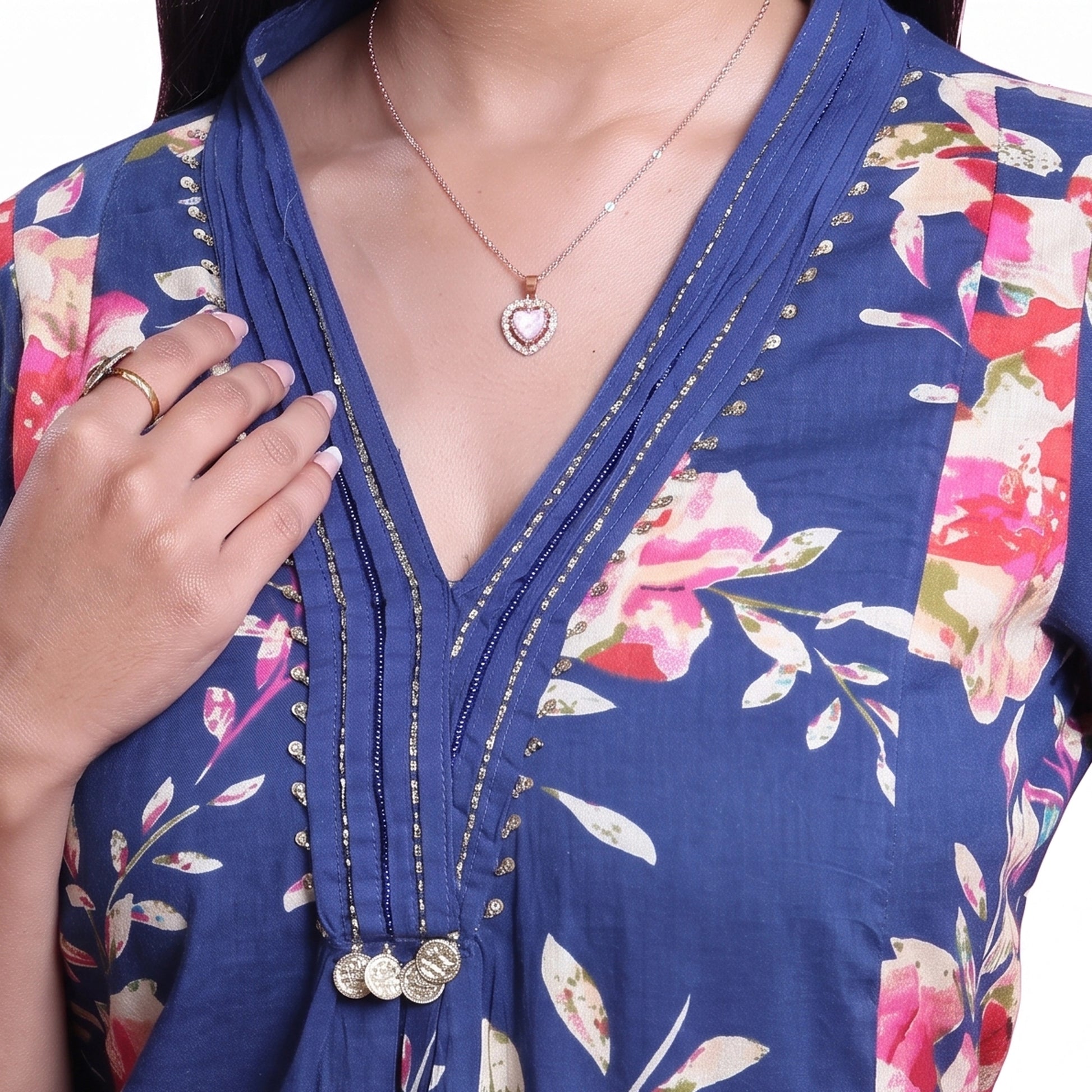 Elegant Women’s Floral Printed Kurta Set with V-Neck Kurta and Coordinated Wide Leg Pants, Dark Blue
