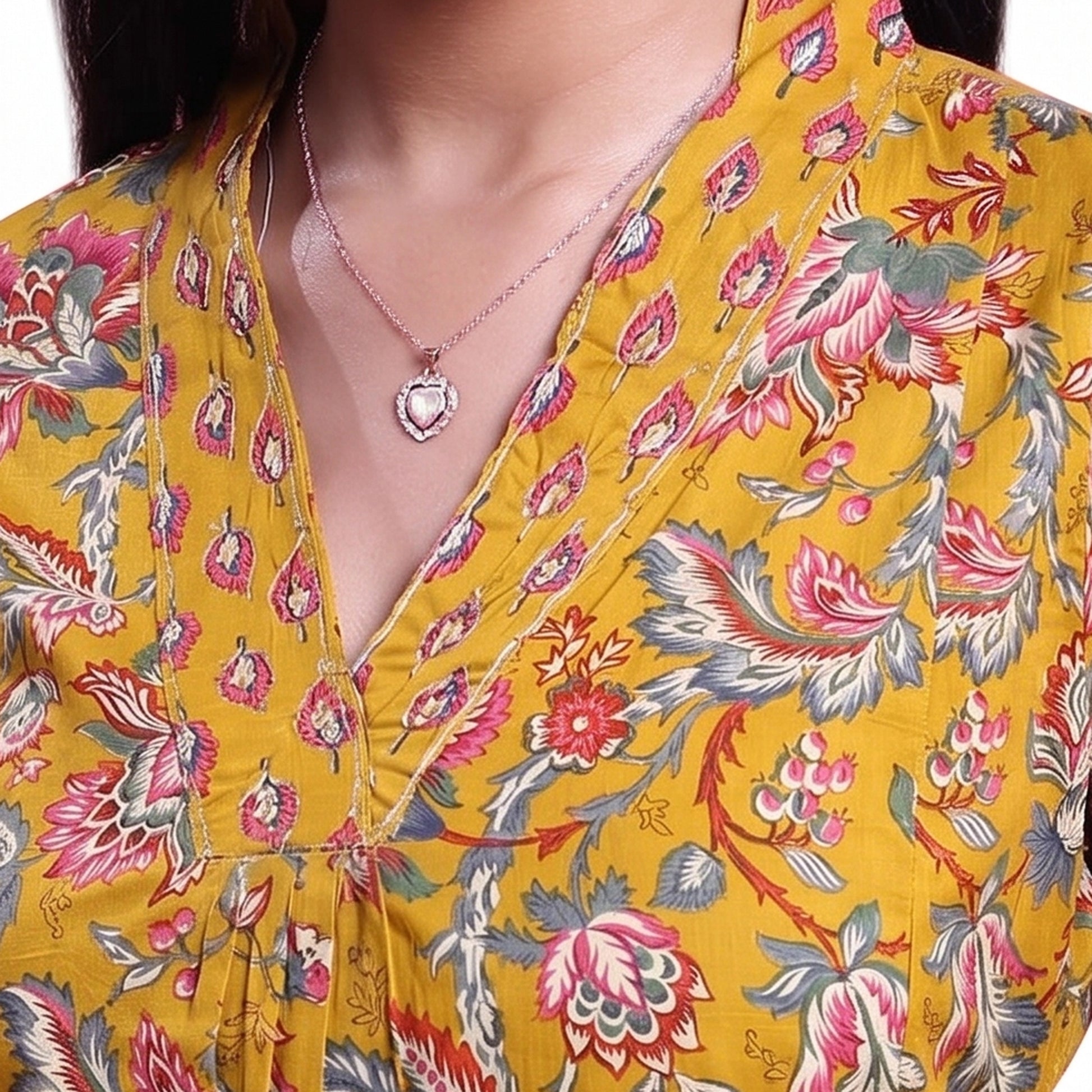 Elegant Women’s Floral Printed Kurta Set with V-Neck Kurta and Coordinated Wide Leg Pants, Yellow