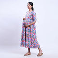 Women’s maternity wear dress with waist tie multicolor print short sleeves back view with relaxed fit