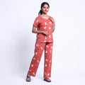 Women’s Printed Nightwear Set Short Sleeve Round Neck Top with Full Length Pajama Pants, Orange