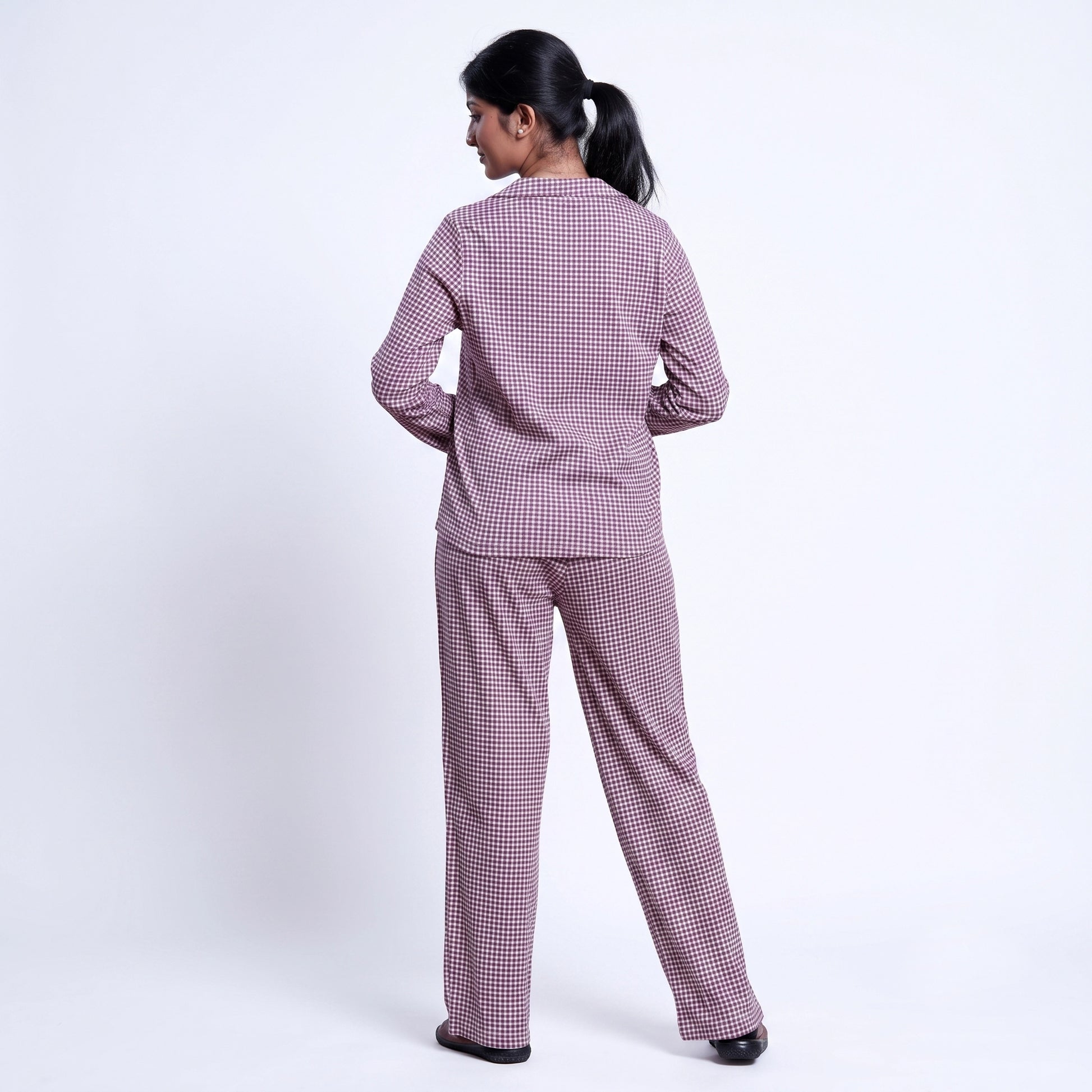 Women’s Cotton Striped Nightwear Set Short Sleeve Round Neck Top with Full Length Pajama Pants, Purple