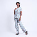 Women’s Printed Nightwear Set Short Sleeve Round Neck Top with Full Length Pajama Pants, Aqua Blue