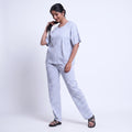 Women’s Cotton Striped Nightwear Set Short Sleeve Round Neck Top with Full Length Pajama Pants, Blue