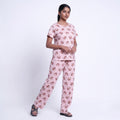 Women’s Printed Nightwear Set Short Sleeve Round Neck Top with Full Length Pajama Pants, Peach