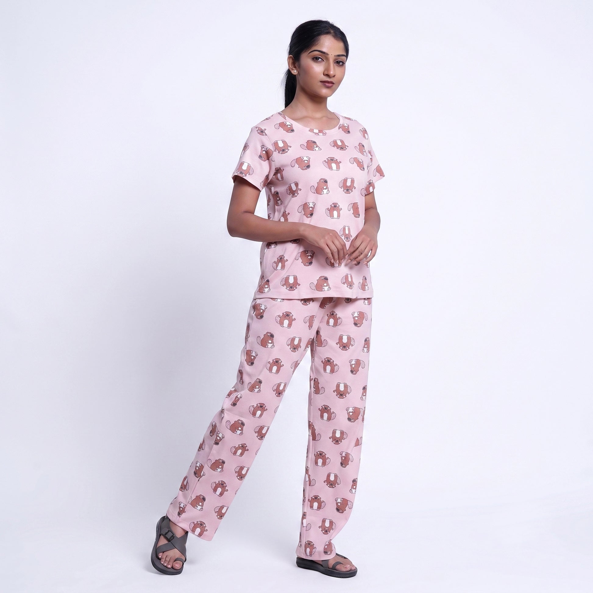 Women’s Printed Nightwear Set Short Sleeve Round Neck Top with Full Length Pajama Pants, Peach