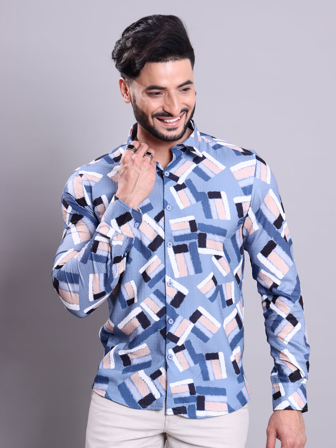 Nativebull Men's Printed Casual Shirt with Abstract Geometric Pattern - Blue