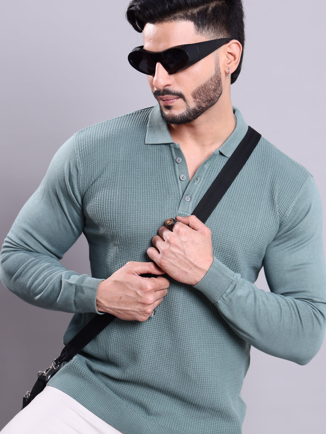 Men's Full Sleeves Ribbed Knit Nativebull Collar Sweatshirt  - Green