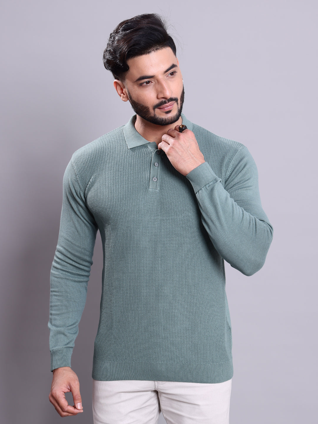 Men's Full Sleeves Ribbed Knit Nativebull Collar Sweatshirt  - Green