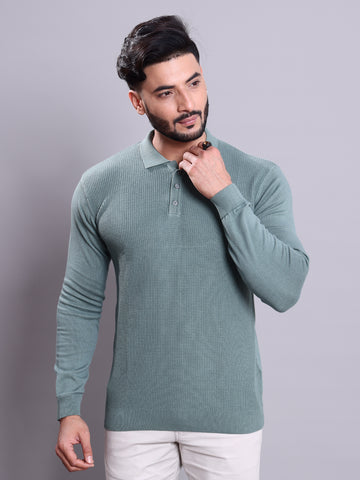 Men's Full Sleeves Ribbed Knit Nativebull Collar Sweatshirt  - Green