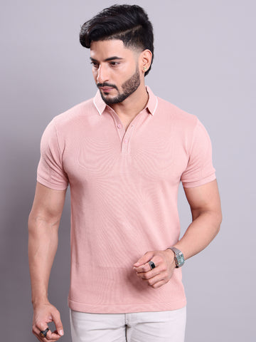 Men's Textured Nativebull T-Shirt with Collar and Half Sleeves - Pink
