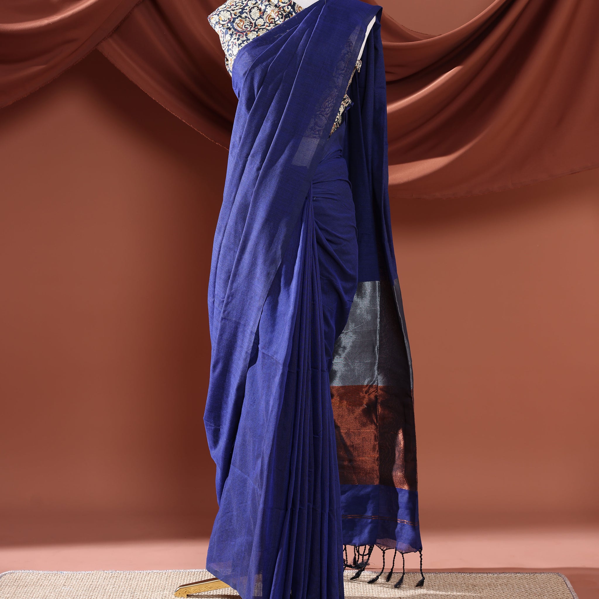 Khadi Cotton Saree with Subtle Solid Detailing and Textured Finish - Blue