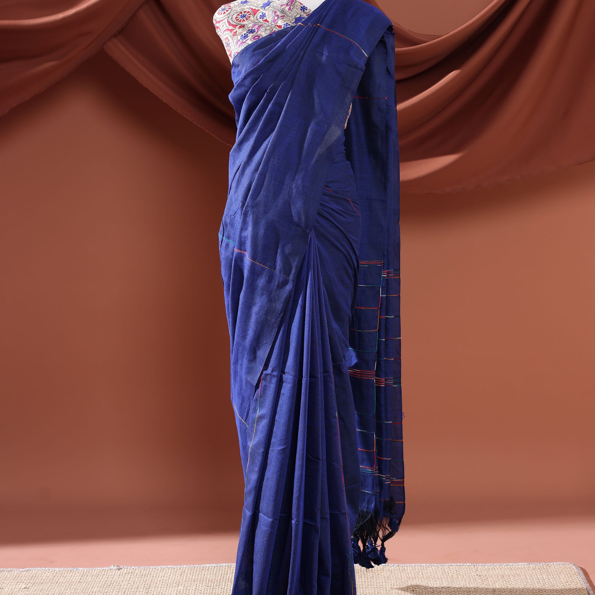 Khadi Cotton Saree with Subtle Checkered Detailing and Textured Finish - Blue