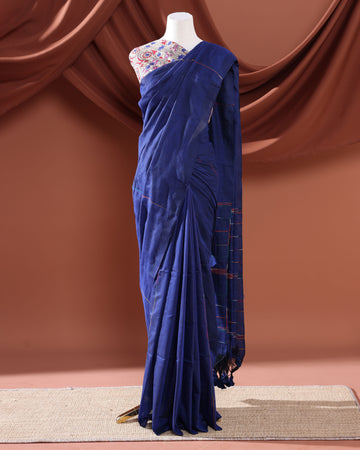 Khadi Cotton Saree with Subtle Checkered Detailing and Textured Finish - Blue