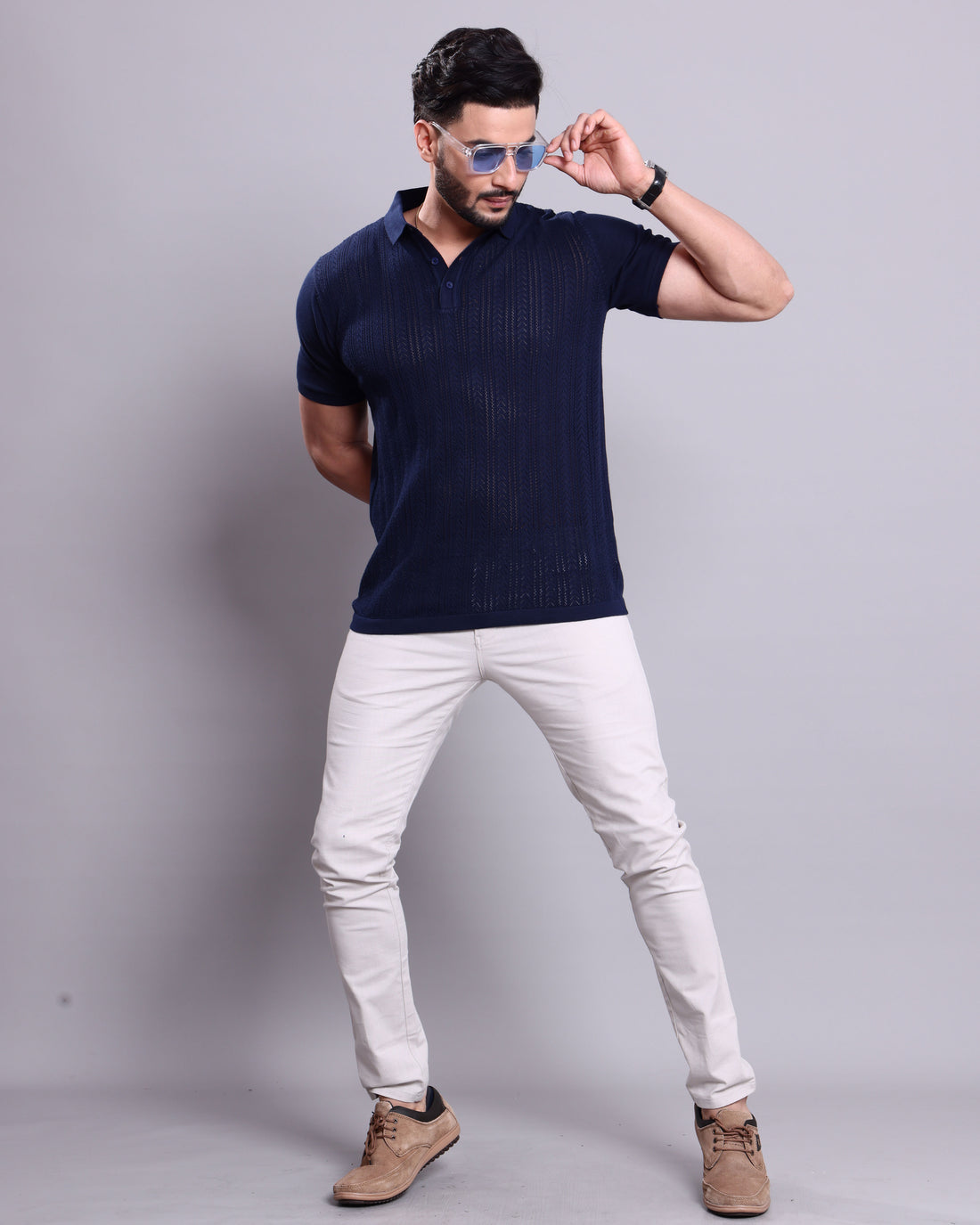 Men's Self-Design Knitted Nativebull  T-Shirt with Textured Weave - Navy Blue