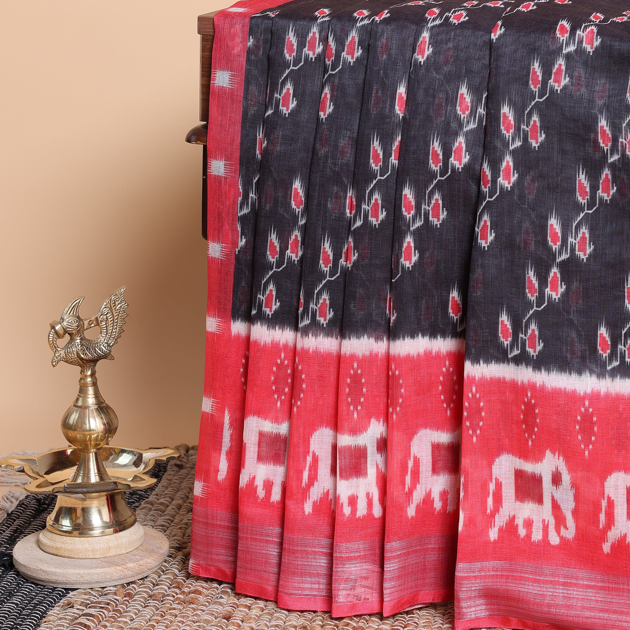 Traditional Ikkat Saree with Elephant Weave - Black