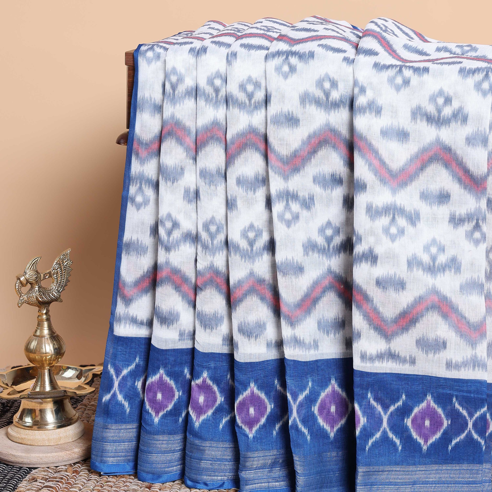 Elegant Off-White & Royal Blue Ikkat Cotton Saree