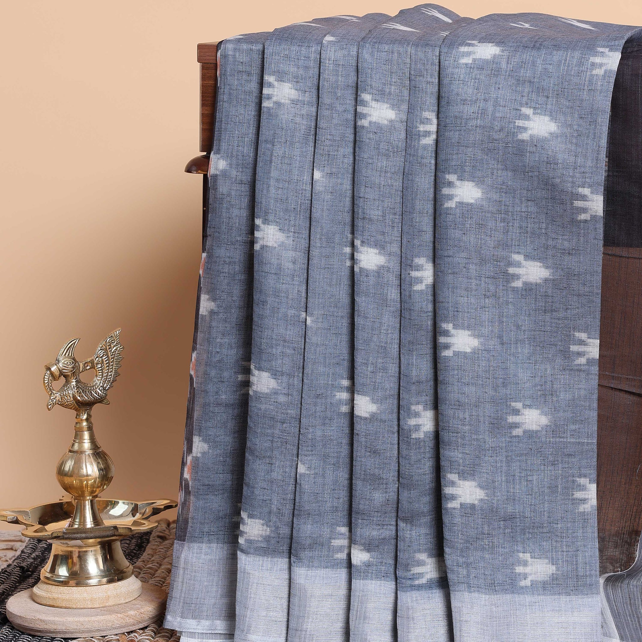 Elegant Ikat Saree with White Motifs - Grey