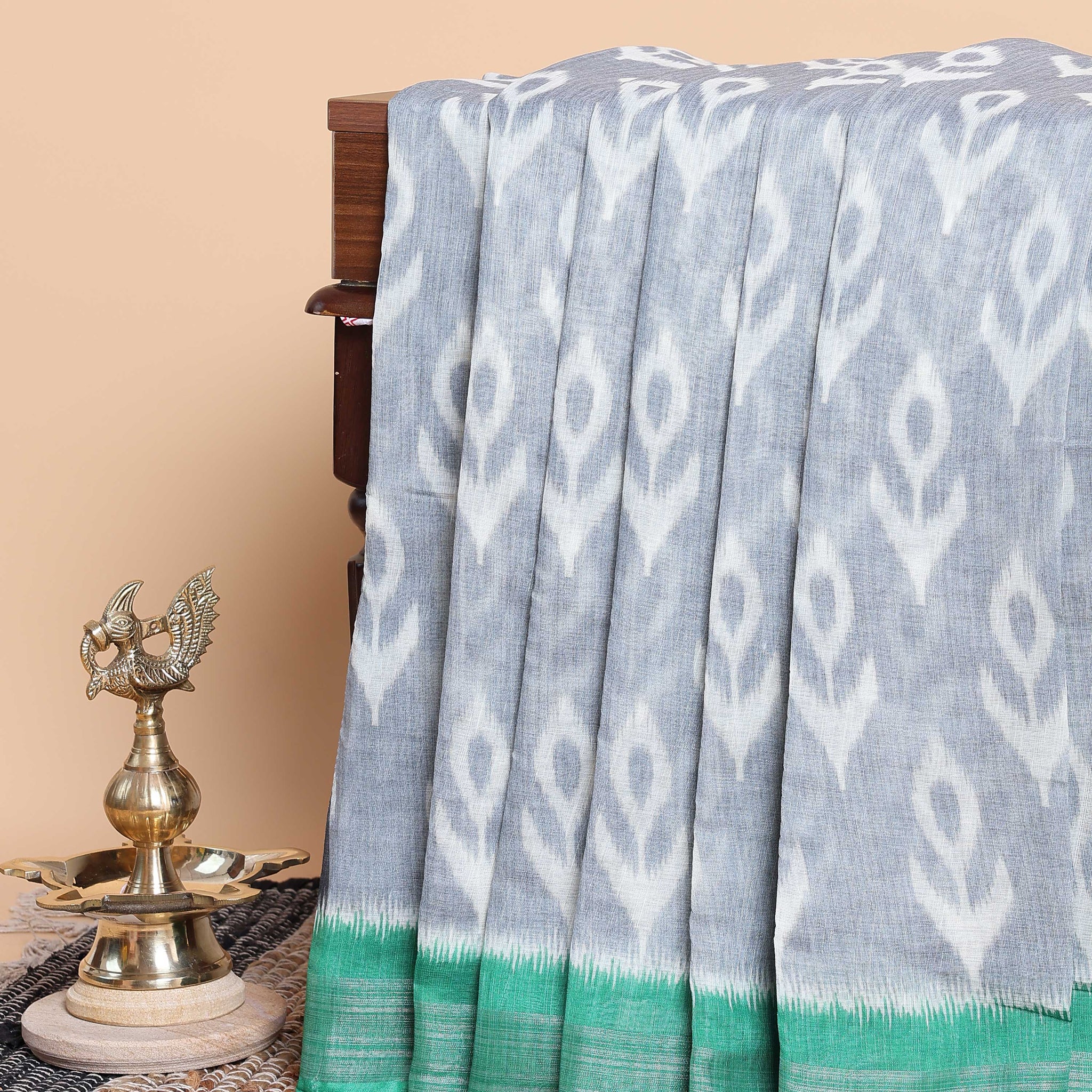 Subtle Grey Ikkat with Pop of Green Border Saree