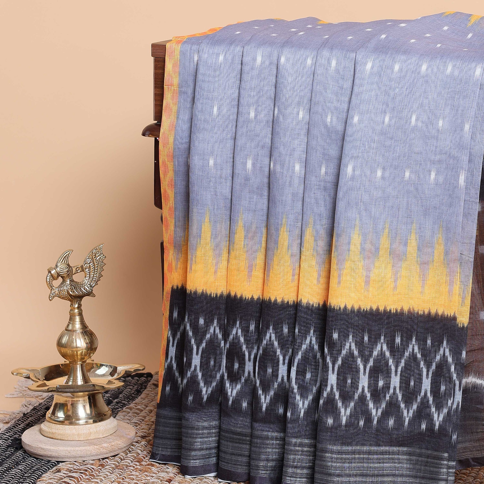 Striking Grey and Yellow Ikkat Saree with Black Border