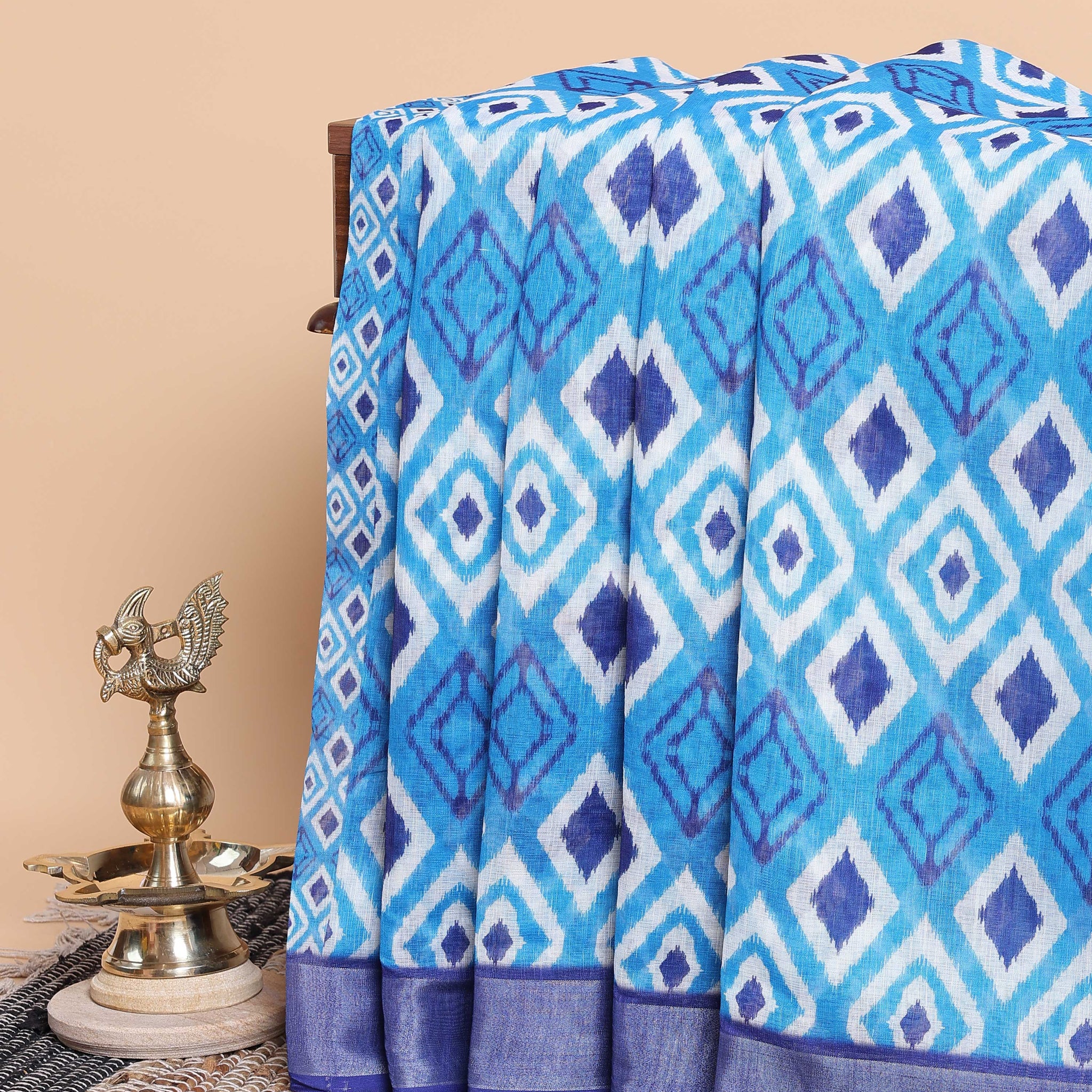 Elegant Ikat Saree with White Pattern  - Blue