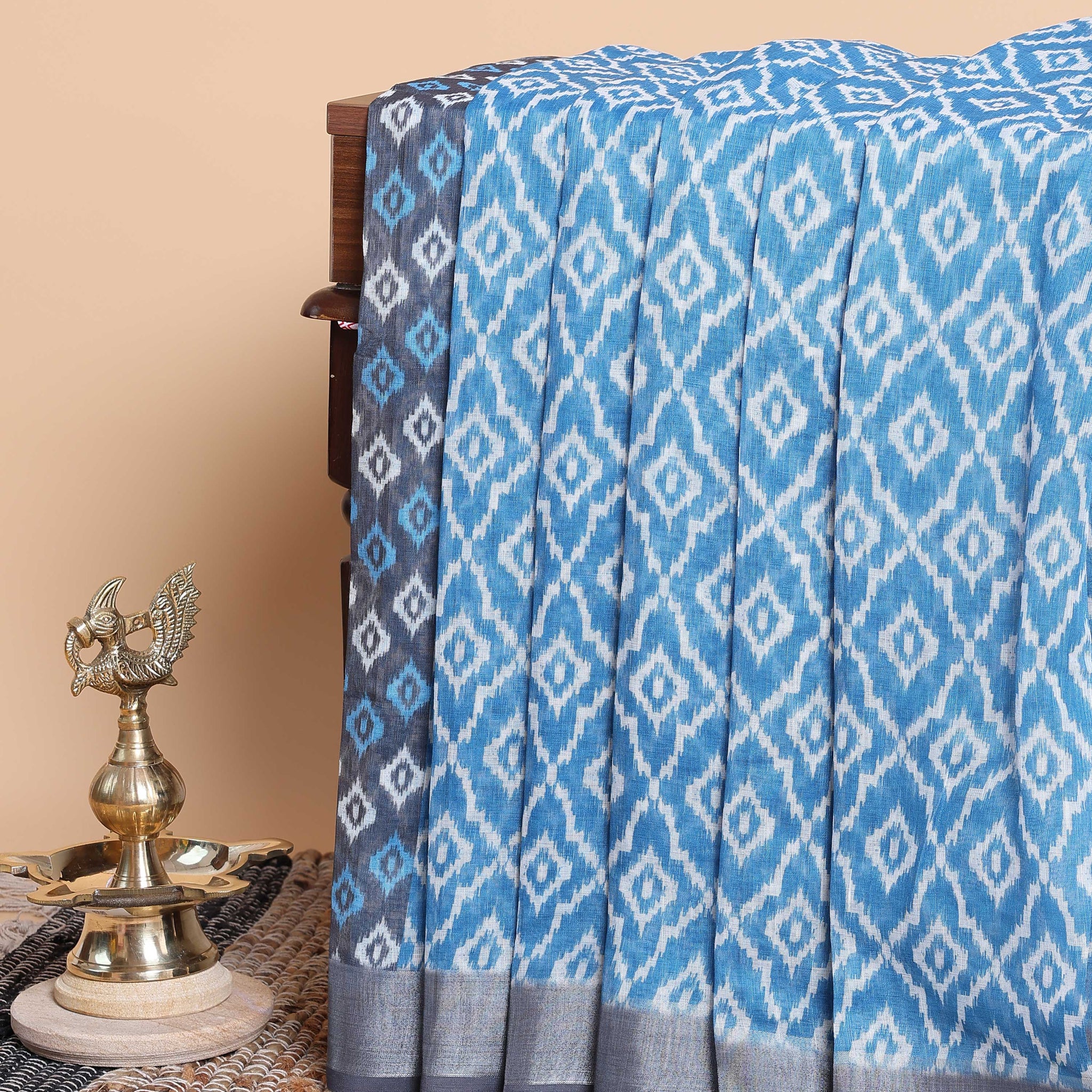 Geometric Ikkat Saree with Contrasting Border - Blue