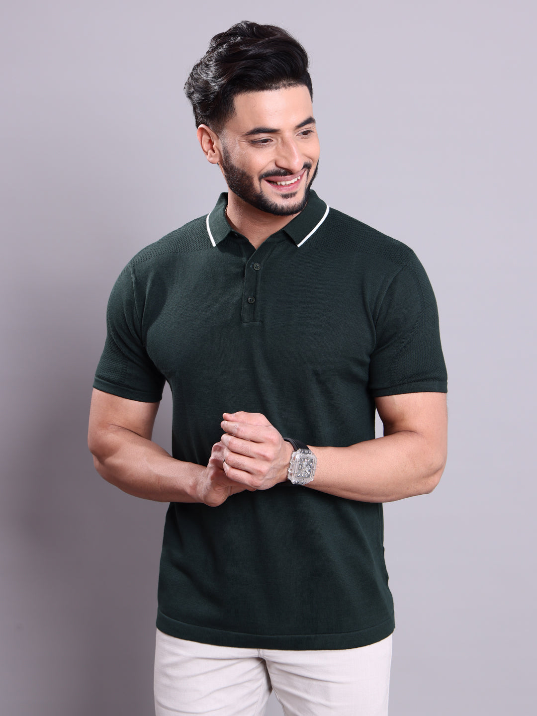 Men's Knit Nativebull T-Shirt with Contrast Tipped Collar and Half Sleeves - Green