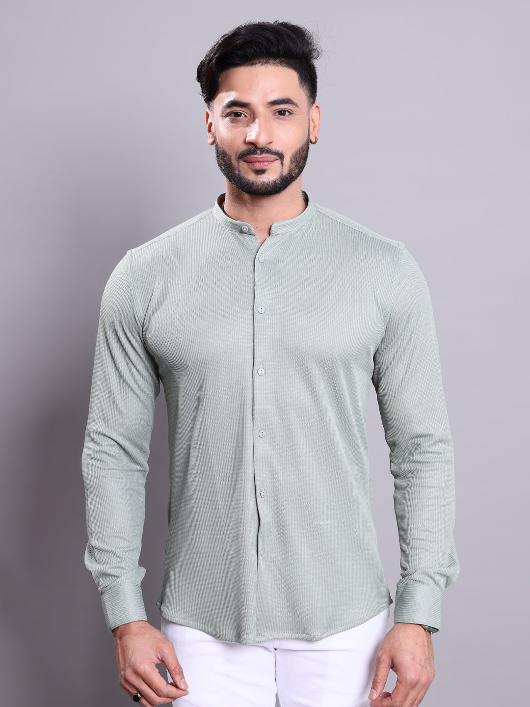Nativebull Men's Textured Mandarin Collar Casual Shirt with Full Sleeves - Green