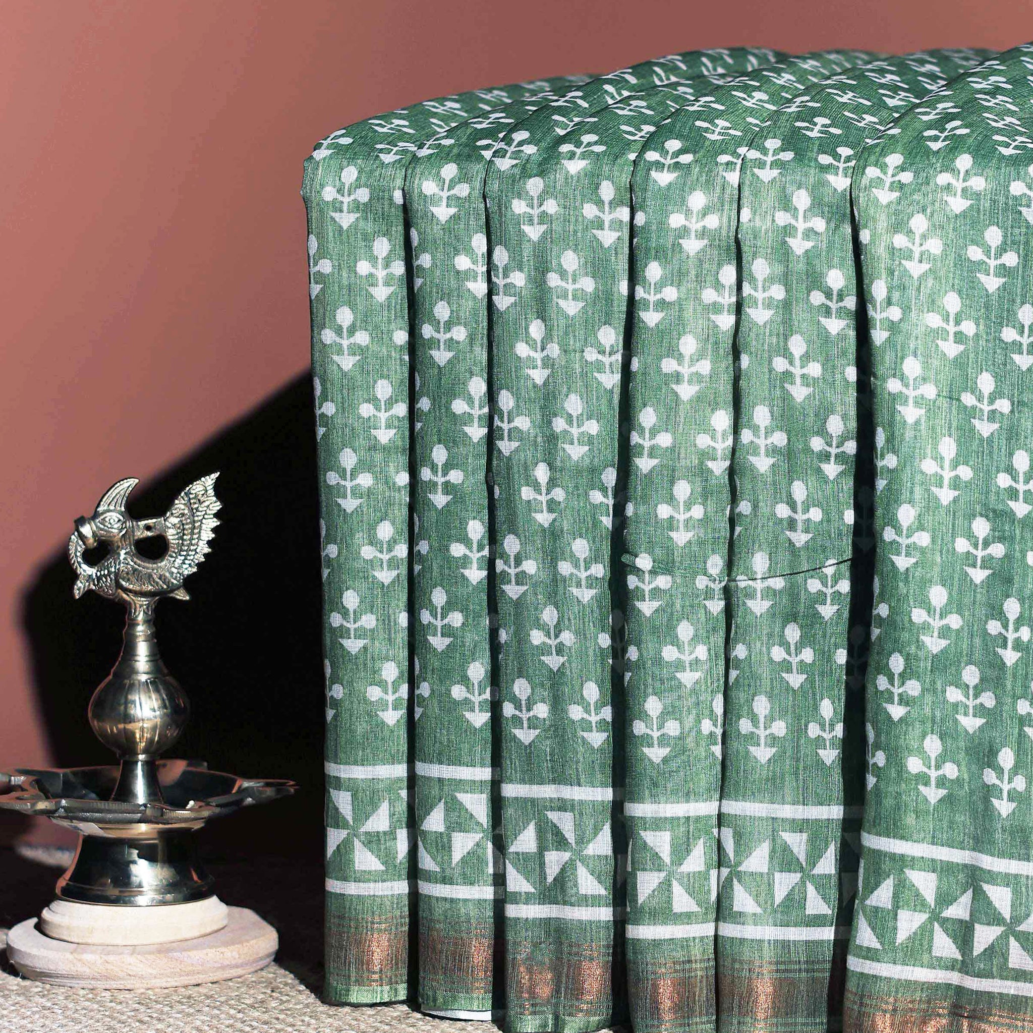Artisanal Block Print Linen Cotton Saree - Green