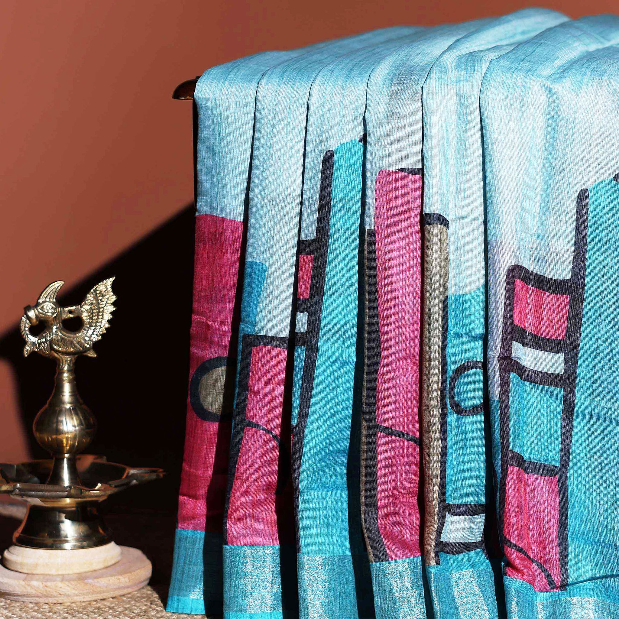 Abstract Print Linen Cotton Saree - Blue