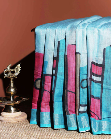 Abstract Print Linen Cotton Saree - Blue
