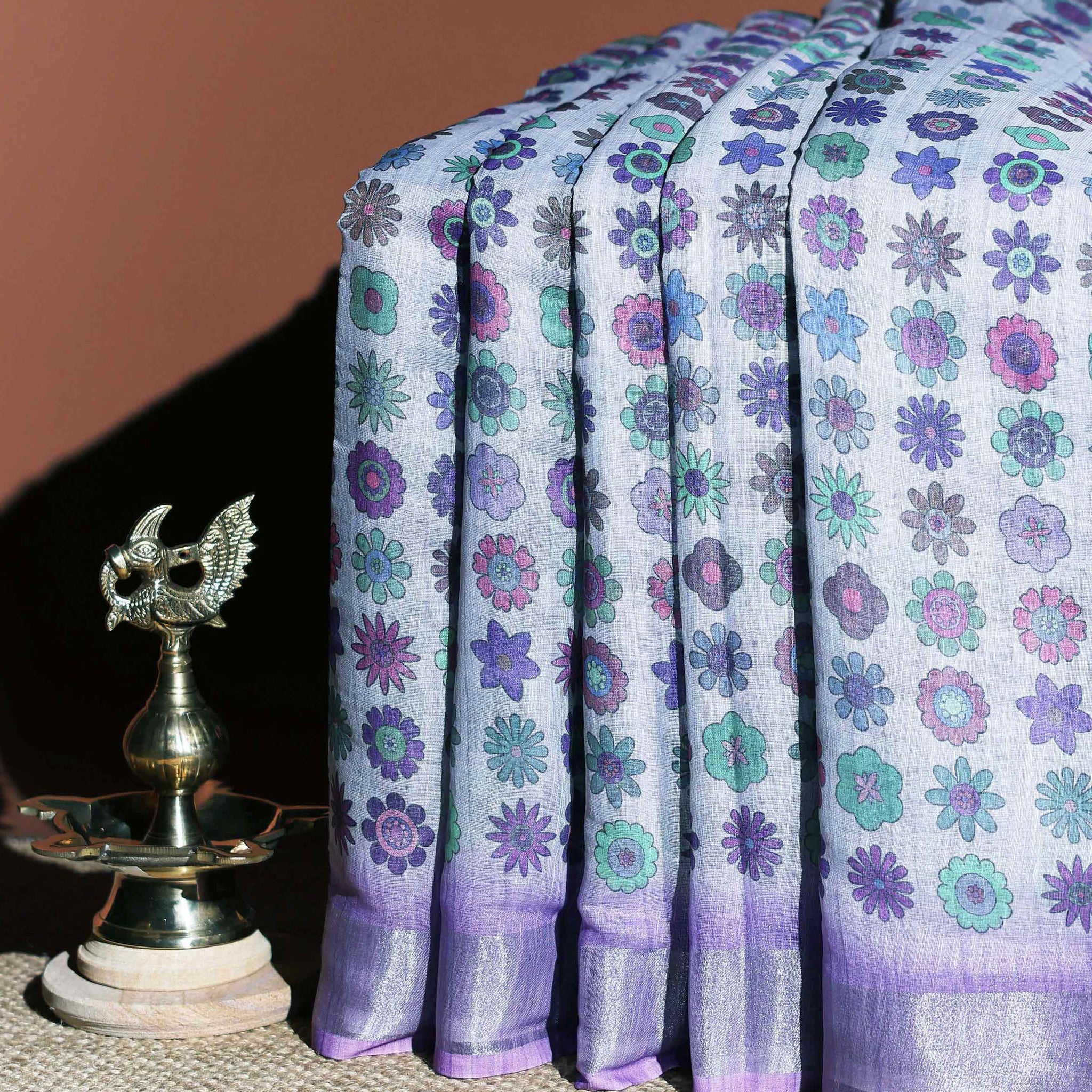 Printed Linen Cotton Saree with Floral Motifs - Multi