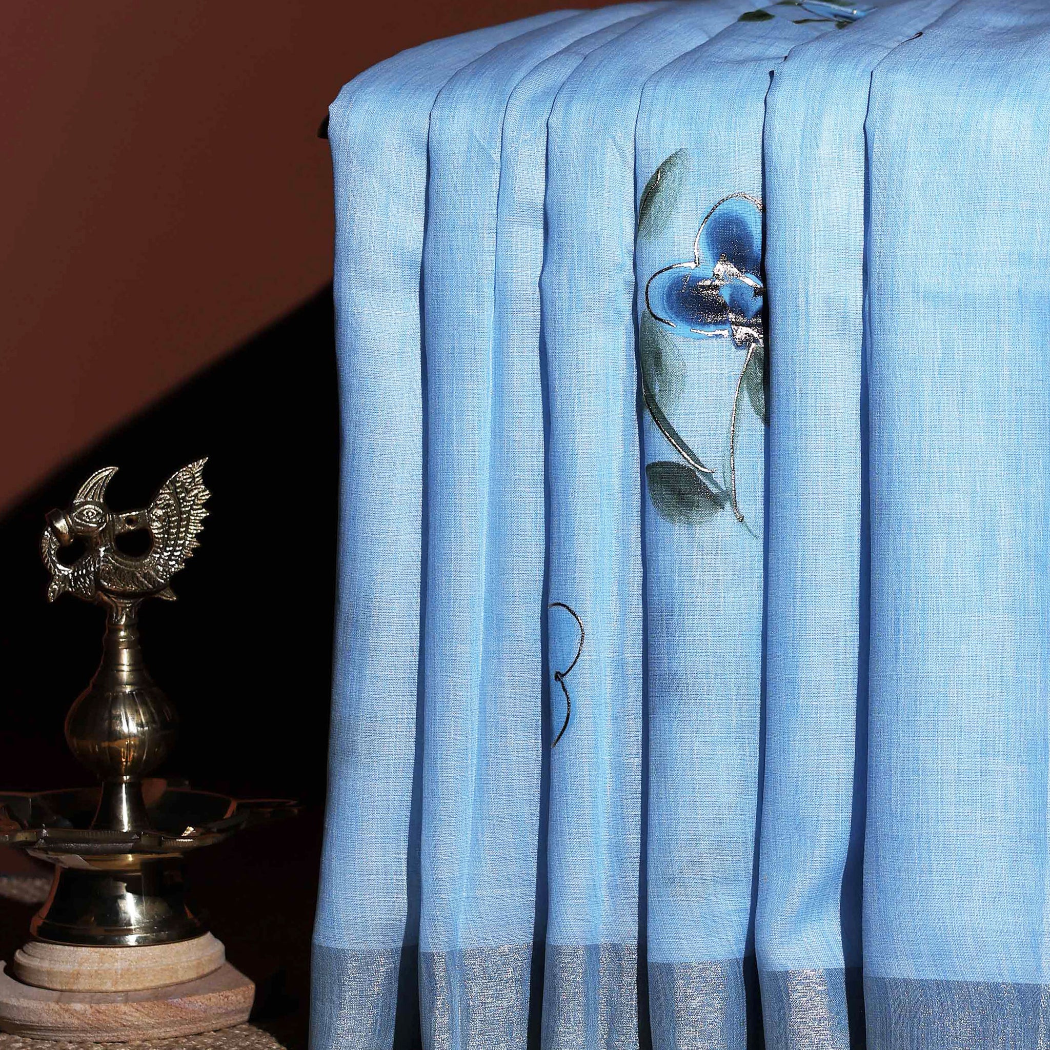 Elegant Linen Cotton Saree with Floral Motifs - Blue